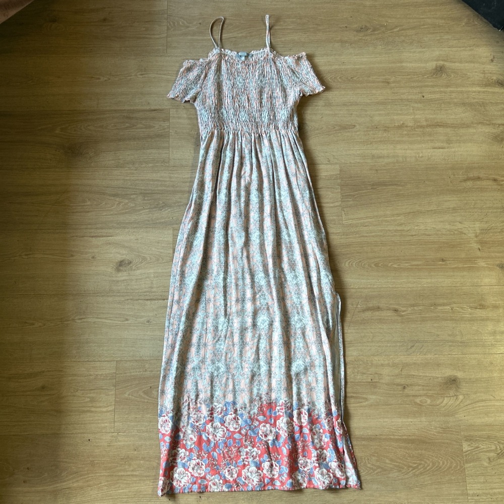 Sweet Rain Floral Cold Shoulder Maxi Dress Peach Coral Smocked Bodice Medium